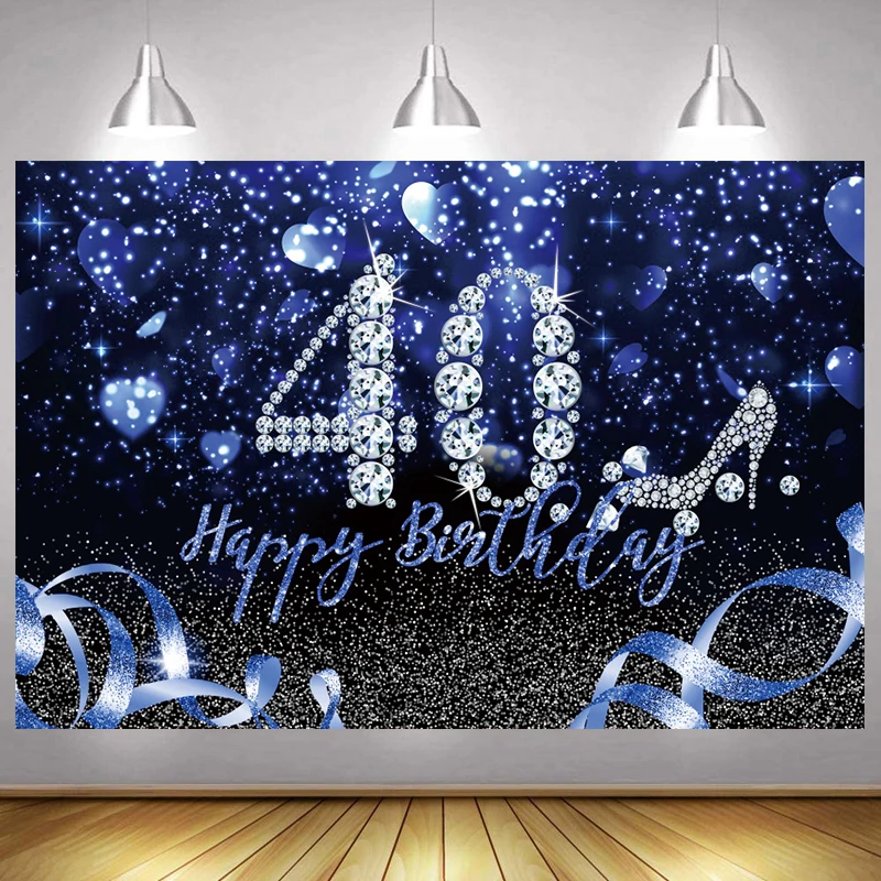 

Blue 40th Backdrop For Woman Man Happy Birthday Party Forty Years Lady Photography Background Adult Photographic Banner