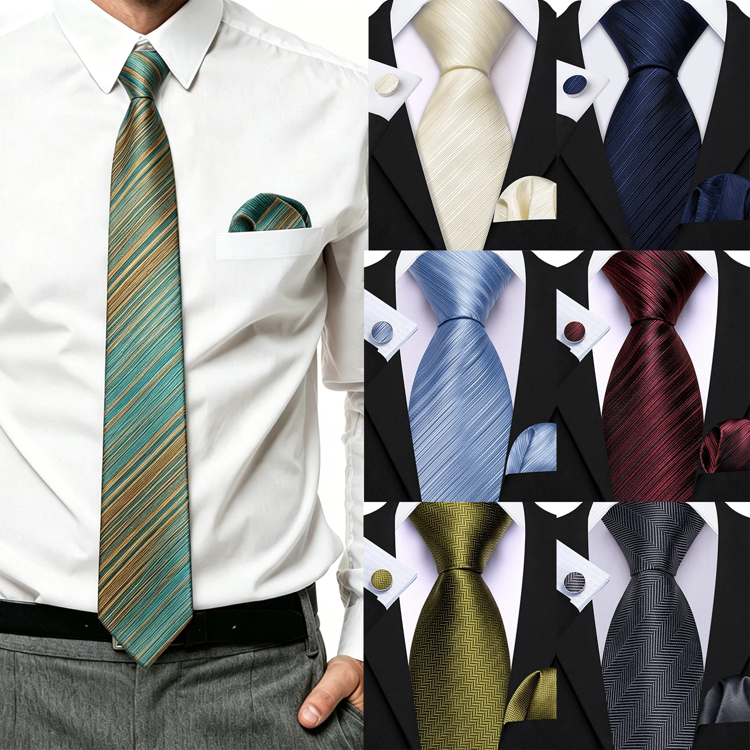 Herren Krawattenset mit Streifenmuster, 3-teilig, Krawatte, Einstecktuch, Manschettenknöpfe, Formelle Business- und Hochzeitsanzug-Accessoires in Grün, Blau, Rot, Gold, Schwarz