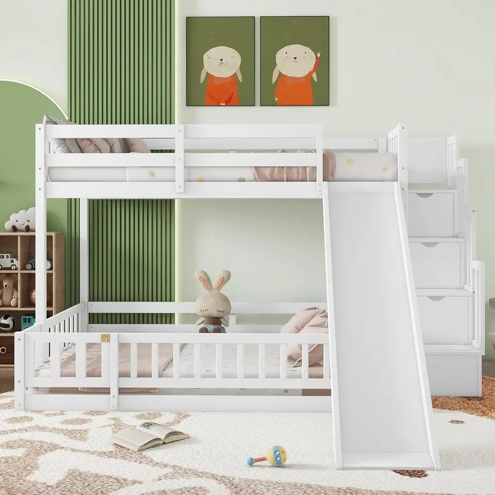 

Белая детская двухъярусная кровать с горкой, лестницей, местом для хранения и полноразмерным верхом для мальчиков и девочек