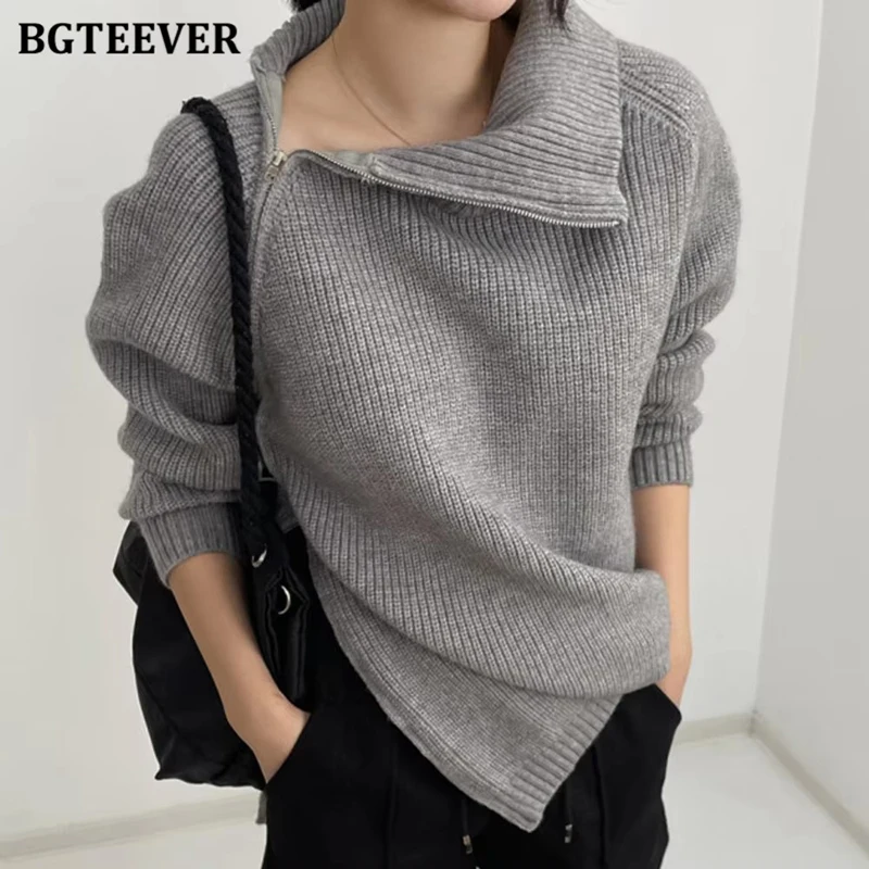 

BGTEEVER Stylish Long Sleeve Irregular Knitted Pullovers Women Autumn Winter Loose Zipper Turtleneck Sweaters Female