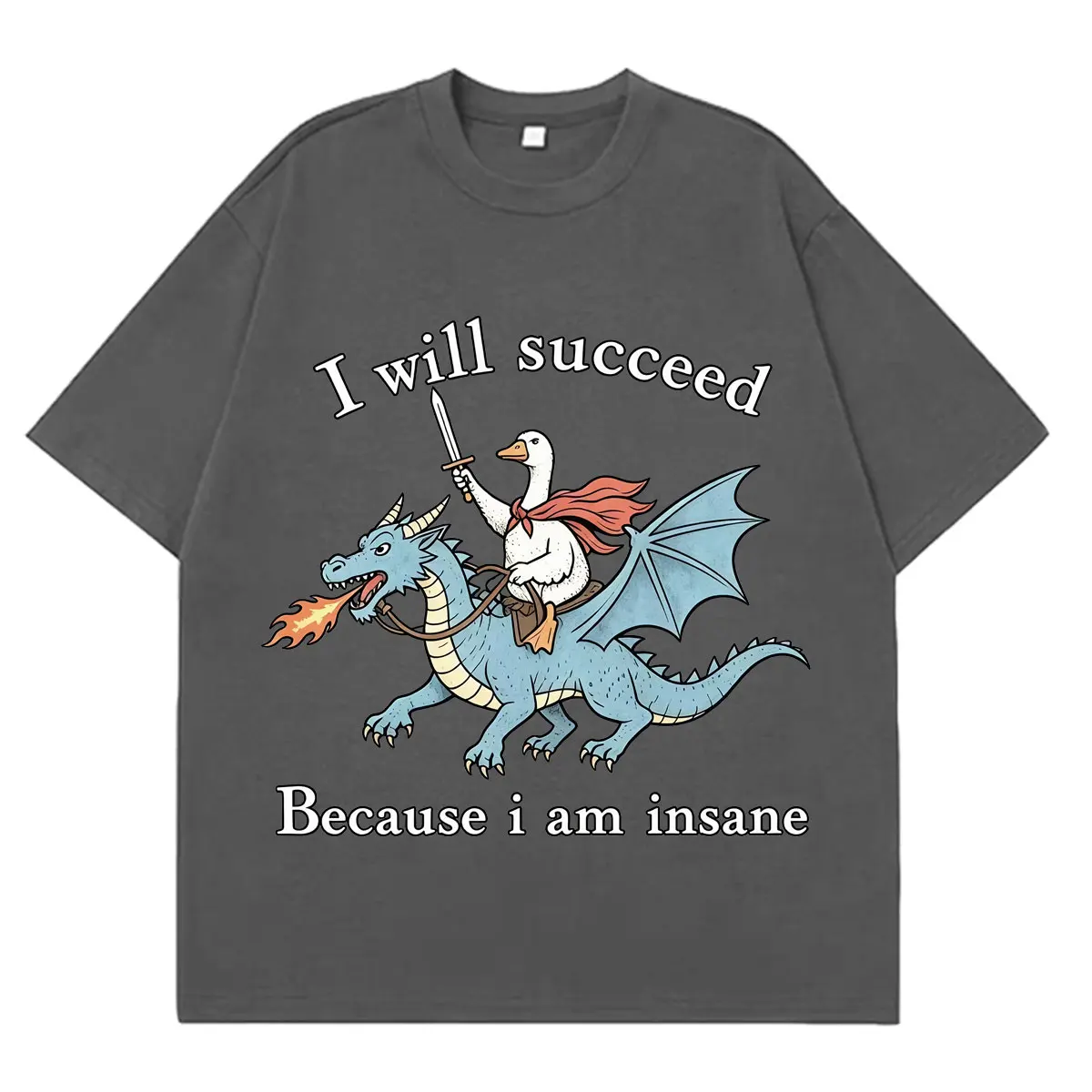 I Will Succeed Because I Am Insane Funny Goose Dragon Meme T-shirt Men's and Women's Fashion Casual T-Shirts Cotton T-shirts