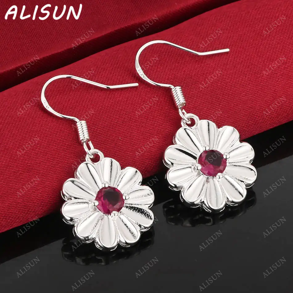 

ALISUN 925 Sterling Silver Red Zircon Flower Earrings Drop Earrings Fashion Jewelry Charm Noble Wedding Accessories