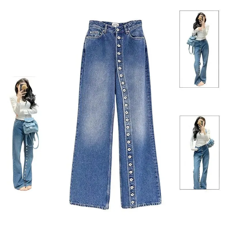 

Retro Womens Heavy Industry Straight Button-up Jeans Spring Autumn High Street Loose Wide Leg Pants Female Korean Denim Trousers