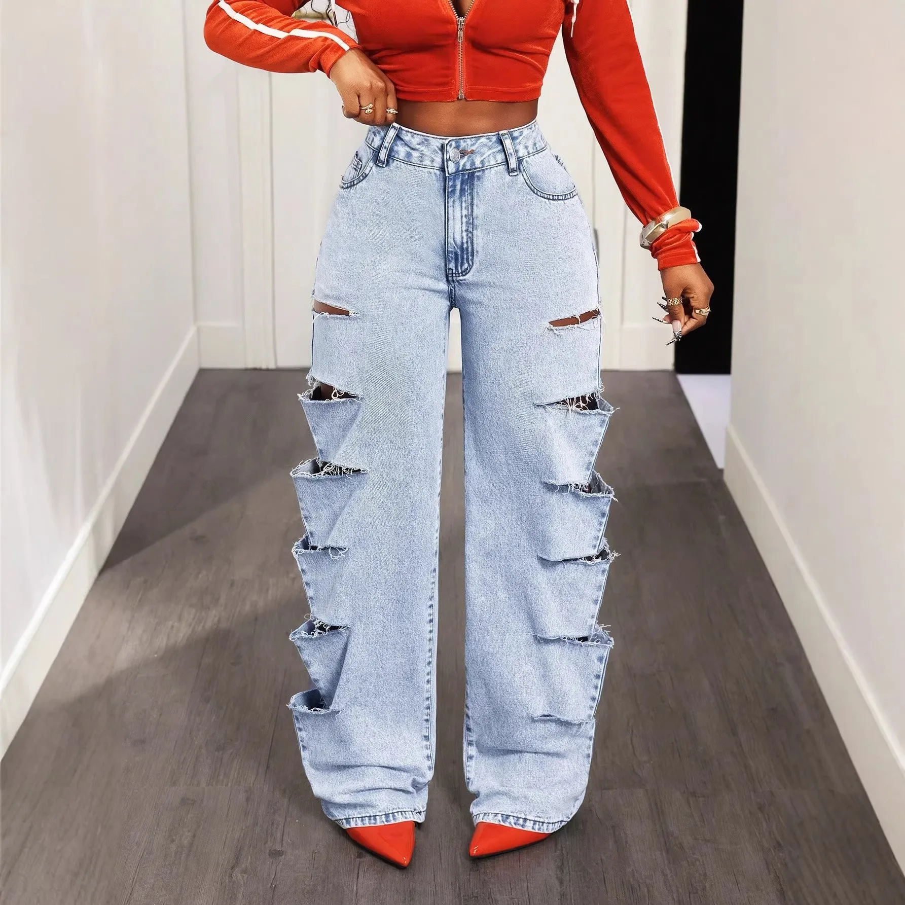 Washed Loose Fit Jeans with Wrinkle Finish Straight Leg Mid Waist Regular Weight Non Stretch Commuter Style Casual Women Jeans