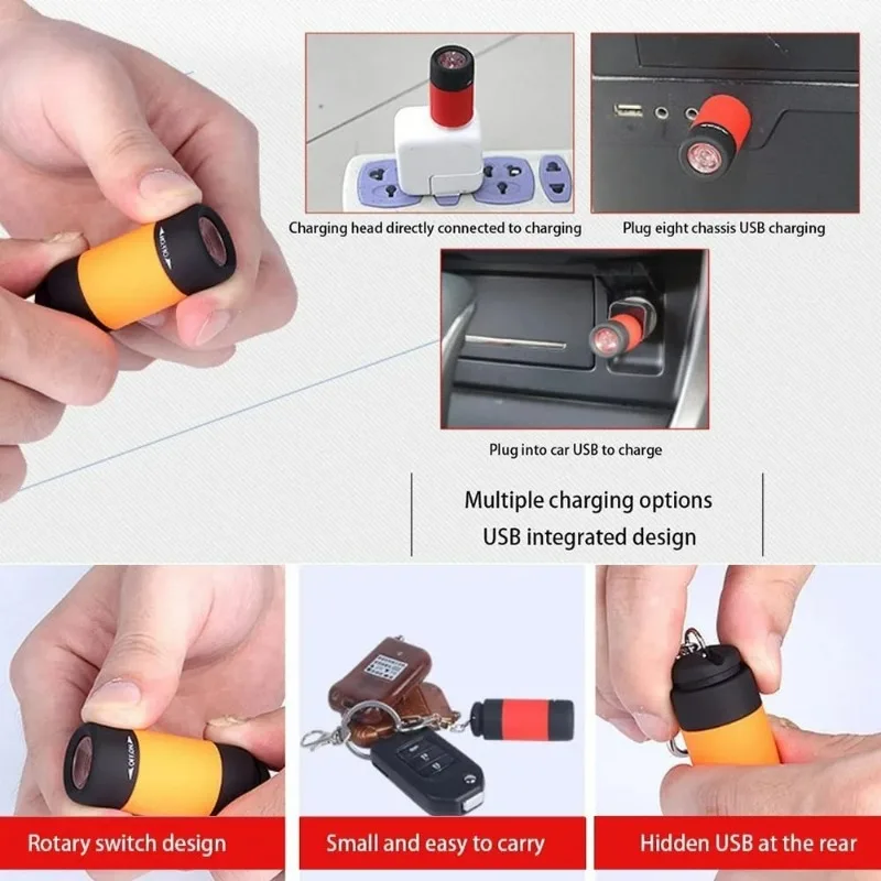 Mini USB recarregável lanterna led, bolso chaveiro, luz forte, impermeável, viagens, portátil, casa