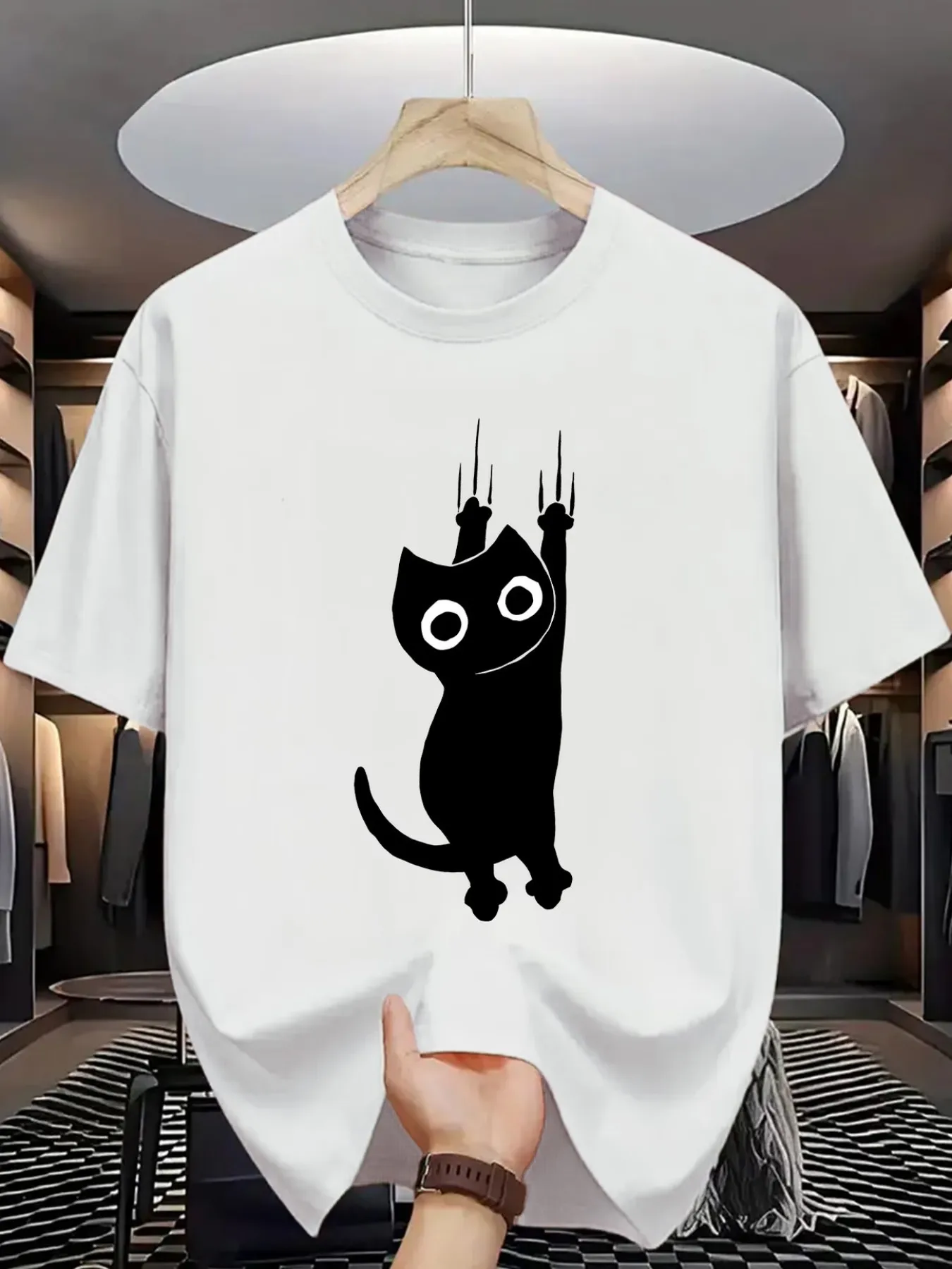 Mens Minimalist Hanging Cat T Shirt Funny Black Pet Graphic Print Short Sleeve Crew Neck Casual Cotton Male Fashion Tee