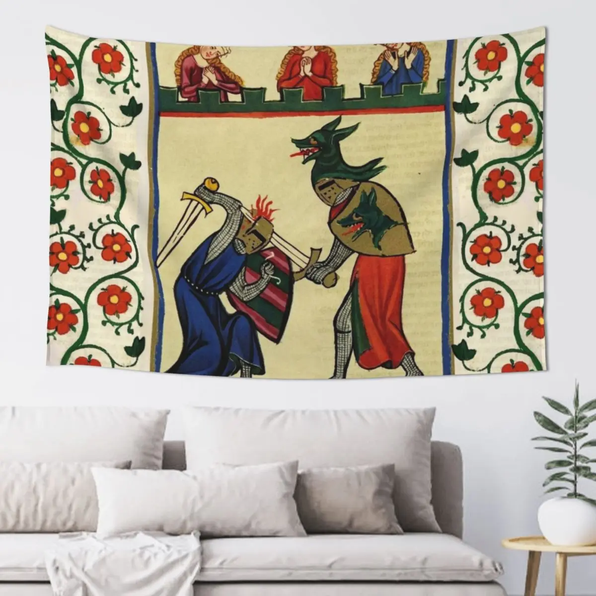 KNIGHT OF WOLVES COMBATTING IN TOURNAMENT, MEDIEVAL MINIATURE WITH WILD ROSES Tapestry Bedrooms Decor On The Wall Tapestry