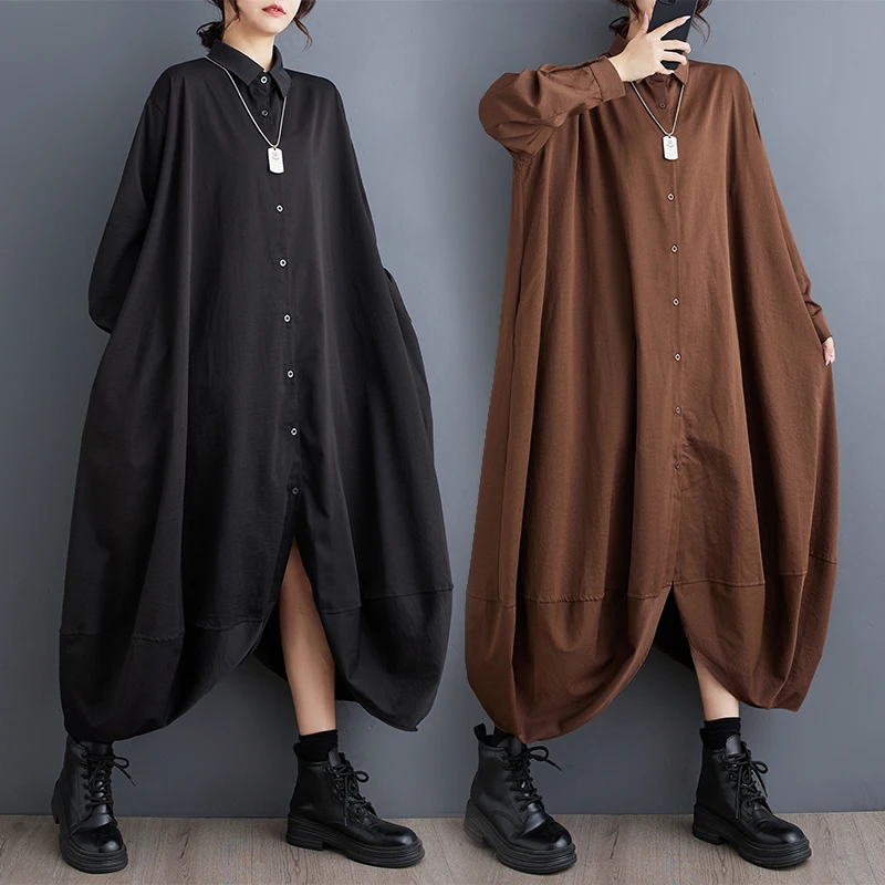 봄 가을 플러스 사이즈 루즈 캐주얼 셔츠 드레스 여성 패션 불규칙한 밑단 A라인 롱 드레스 버튼 디테일 단색