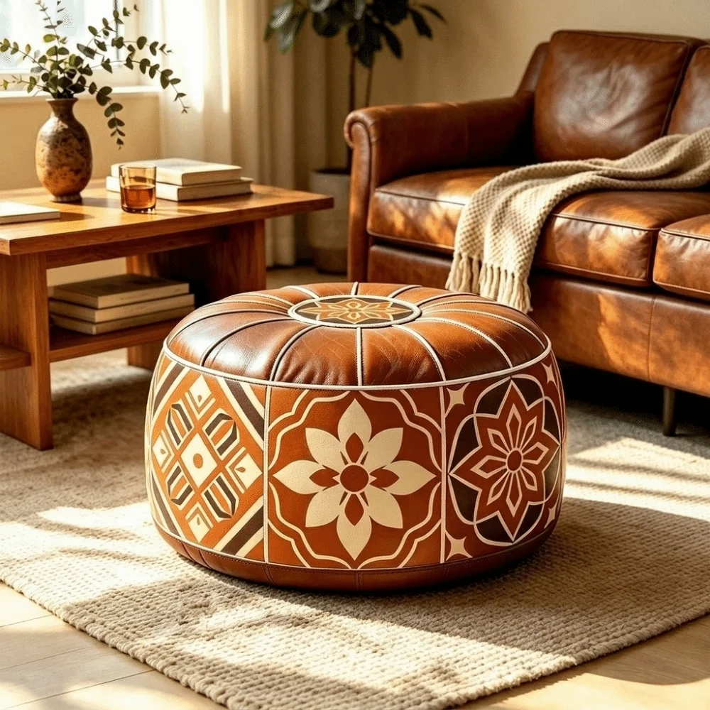 PU Leather Boho Style Seat Cushion Cover Fillable Design Unstuffed Sofa Stool Cover Large Capacity Waterproof Storage Leg Bench