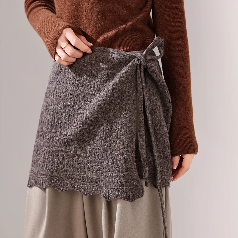100% Wool Women's Knit Wrap Skirt Elegant Side Tie Hollow Crochet Pattern Scalloped Hem Design Layering Apron Skirt Fall Winter