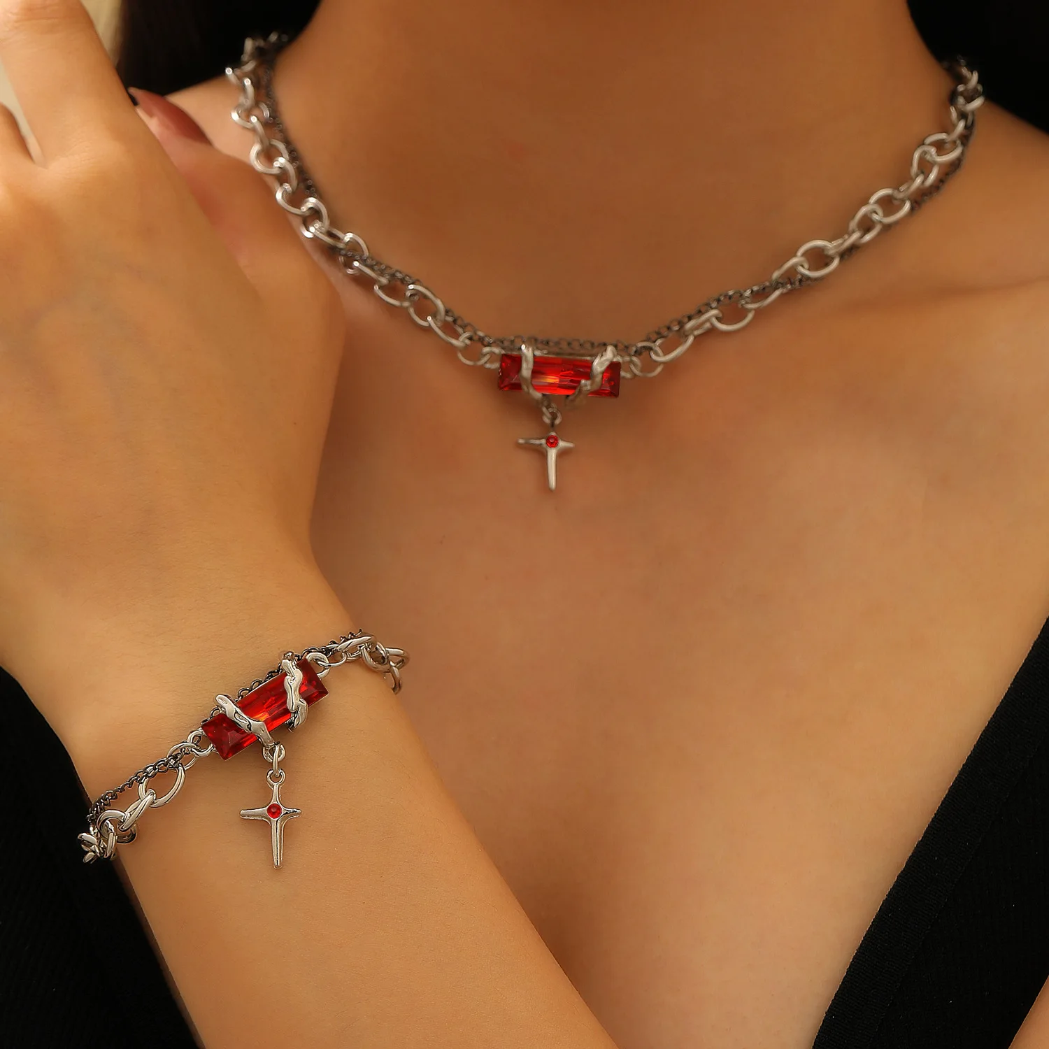 

Unisex Gothic Cross Necklace Bracelet Red Crystal Chain Punk Style Halloween Accessory Trendy Design Unique Jewelry Set