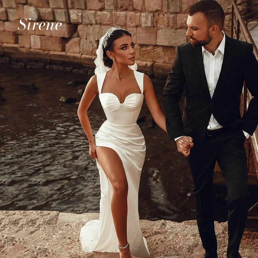 Sirene Sexy Mermaid Spaghetti Straps abiti da sposa in raso Sweetheart Hig fessura lunghezza del pavimento abito da sposa pieghettato Vestidos De Noiva