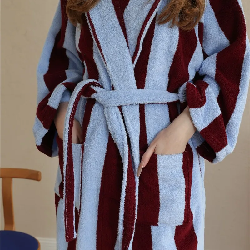 Cute Striped Cotton Bathrobe Super Soft Absortion Hooded Loose bath Robe Coat Towel V Neck warm Sleepwear Robes Women Homewear