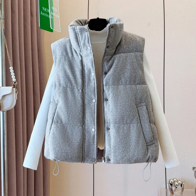 Autumn Winter Stand Up Collar Tweed Vest Korean Casual Fashion Loose Simple Outdoor Women's Warm Thick Cotton Padded Gilet