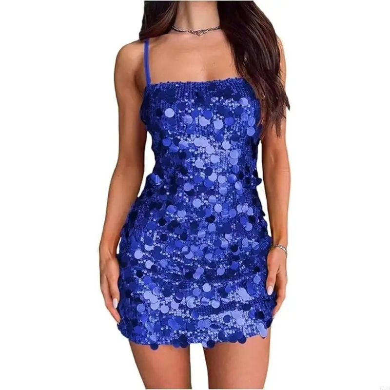 NONE 573B Elegantes, glitzerndes, paillettenbesetztes Cocktail-Mini-Bodycon-Kleid mit Spaghettiträgern für Damen 3