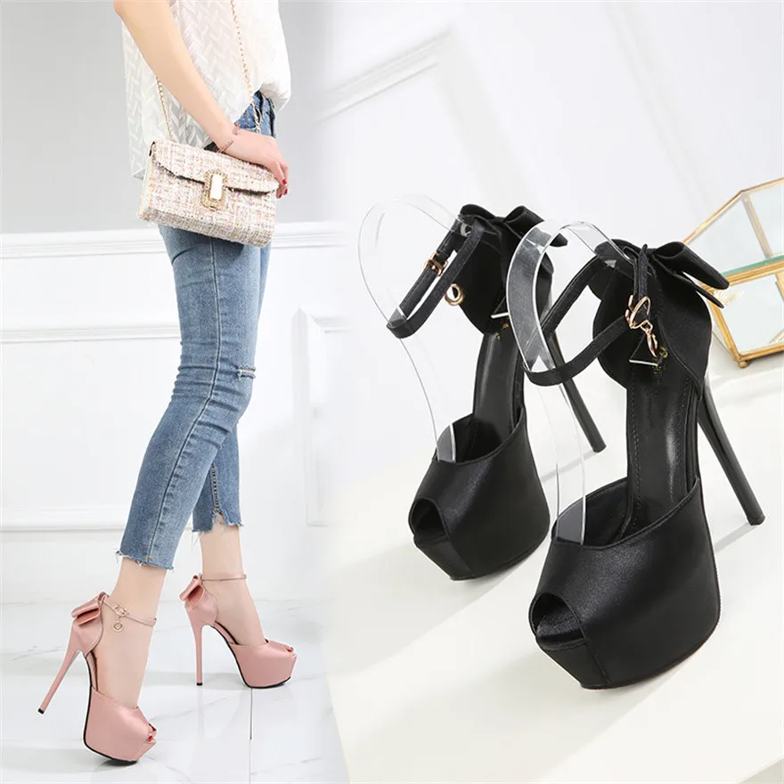 Elegant Bow-knot Peep Toe Women Sandals Crystal Buckle Hollow Sexy High Heels Pumps Female Dress Shallow Pink Wedding Shoes 2024