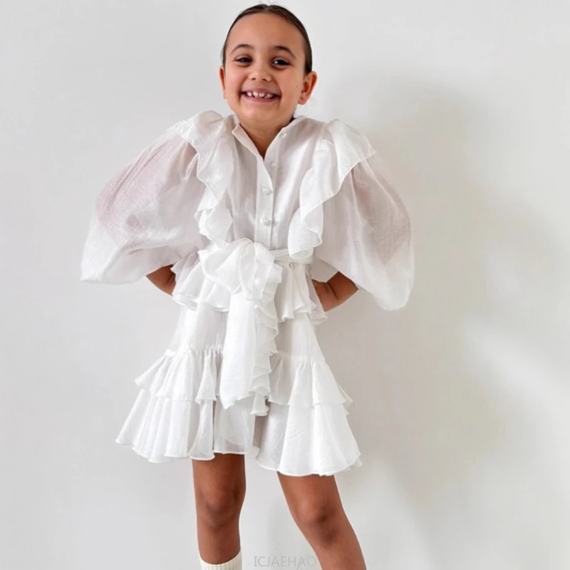

Party Dress French Style Girls Linen Kids Outfit Children Spring Autumn Clothes Dresses Lace Belt Princess Casual Long Sleeve