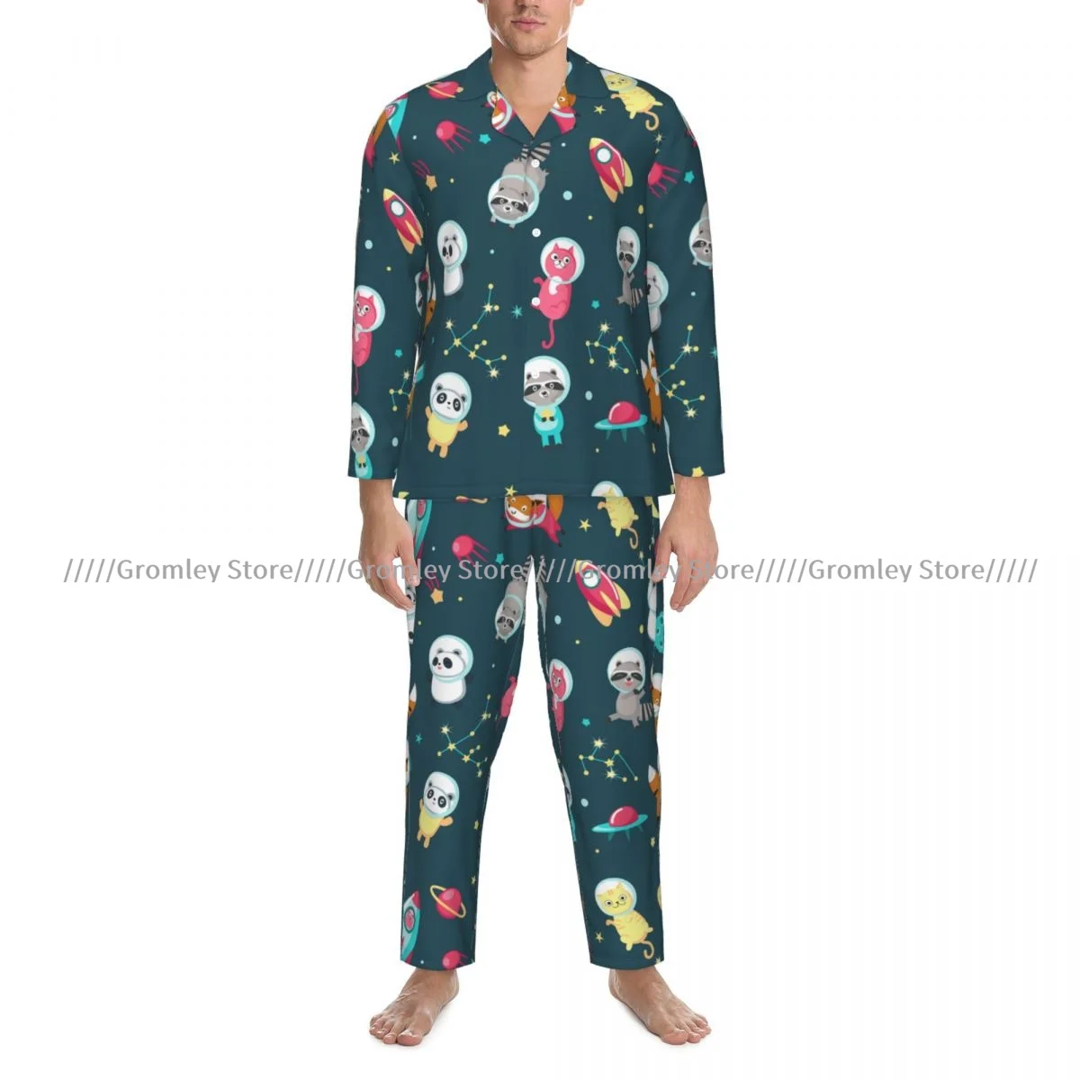 Men Pajama Sets Cute Animals Astronauts Panda Raccoon Cat And Fox In Outer Space Sleepwear Long Sleeve Nightwear Male Homewear