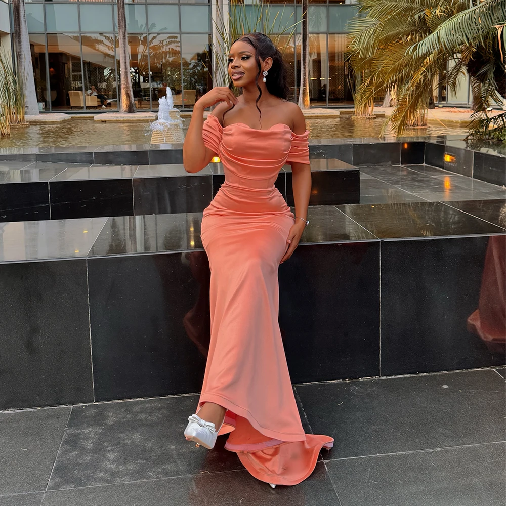 Coral Mermaid Bridesmaid Dress for Women Off Shoulder Sweep Train Pleats Silky Satin Wedding Guest Maid of Honor Dress Customize