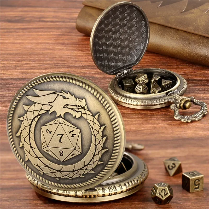 Bronze 7pcs Metal Polyhedral Dice Role Play Gaming Dices with Cool Dragon Pocket Watch Case Pendant FOB Chain Game Accessory