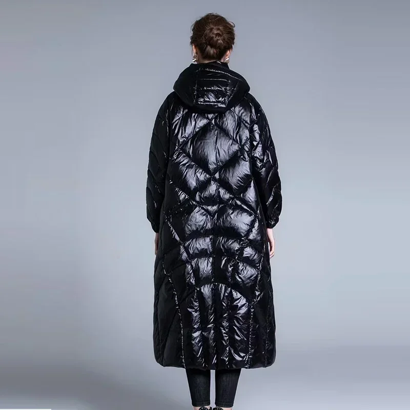 

Janveny 2023, новая зимняя блестящая куртка-пуховик большого размера, женская утолщенная теплая куртка выше колена на утином пуху, водонепроницаемая парка