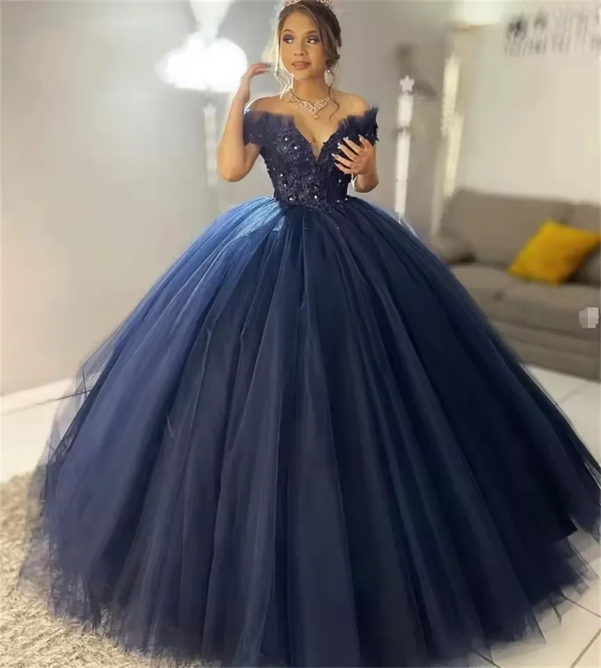 Bomaris Navy-Blue Ball Gown Quinceanera Dresses Vestidos De 15 Anos Vintage Appliques Cinderella Princess Party Customized