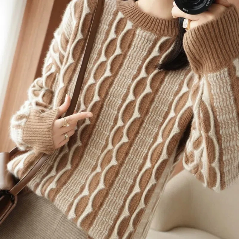 Autumn Winter Long Sleeve Round Neck Screw Thread Pullover Women's Clothing Contrast Color Sweater Knitted Korean Fashion Tops