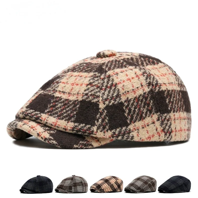 Retro Plaid Forward-Facing Cap Men's Autumn/Winter Warmth Newsboy Cap Woolen Duckbill Cap Fashionable Beret
