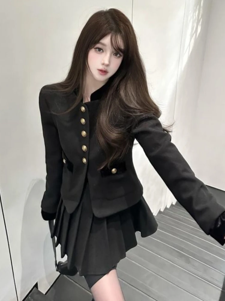 

Winter French Elegant Slim 2 Piece Sets Women Woolen Coat + Mini Pleated Skirts New Fashion Aesthetic Black Vintage Outfits 2025