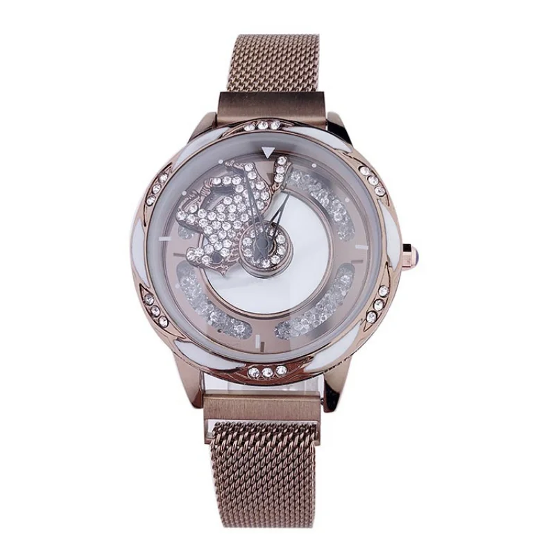 Women's Fortune-Turning Fashion Waterproof Diamond-Studded Rotating Elegant Magnetic Mesh Strap Watch