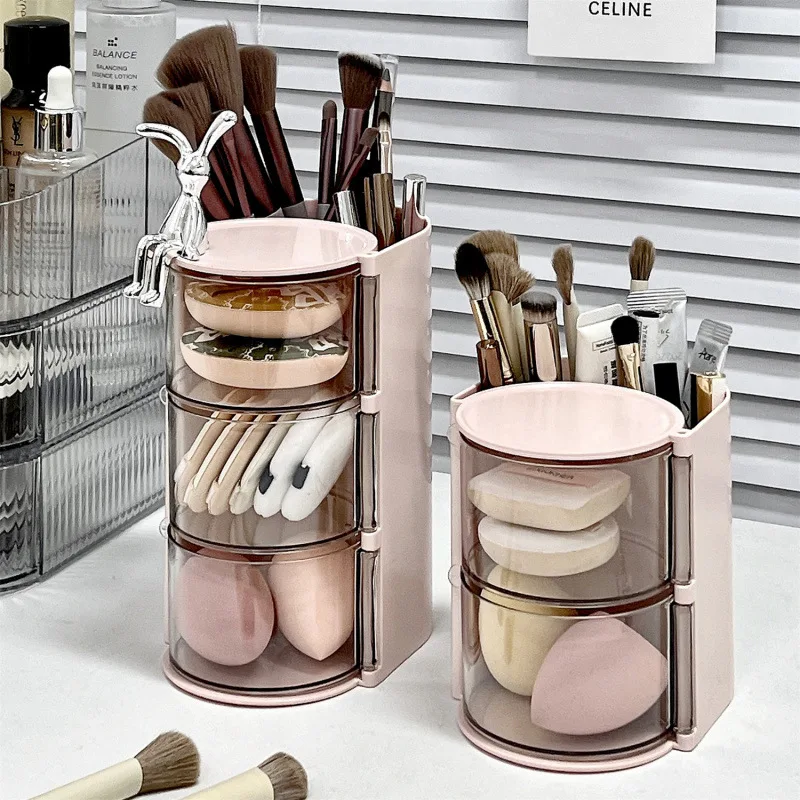 

Rotating Beauty Blender Storage Holder Dustproof Makeup Sponge And Brush Vanity Organizer Transparent Layered Cosmetic Pad Case