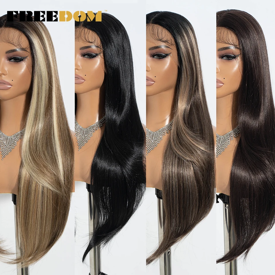 FREEDOM Synthetic Lace Front Wigs For Women 28 Inch Long Straight Layered Wig Ombre Brown Blonde Highlight Cosplay Lace Wigs