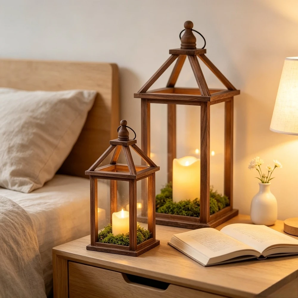 Vintage Solid Wood Candle Lantern Decorative Hanging Candlestick Holder Farmhouse Style Outdoor Dining Table Home Ornament