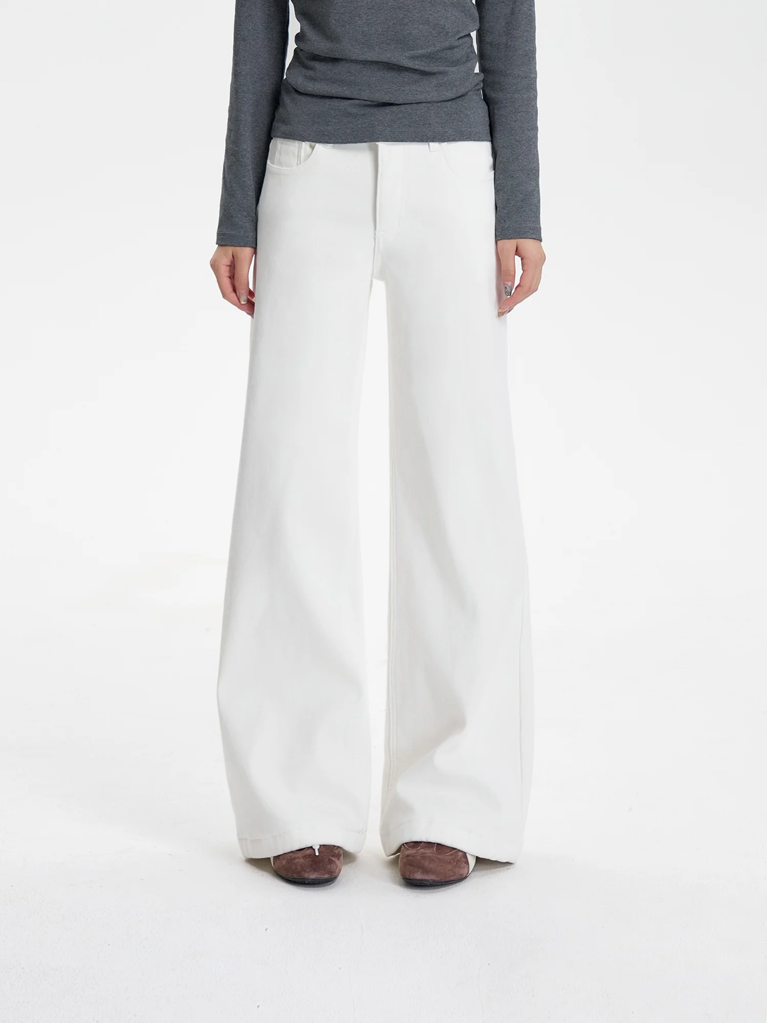 

INS A High Waist Fce Lined Slim Wide Leg Jeans Women's White Winter New Small Size Casual Cotton Zipper kets