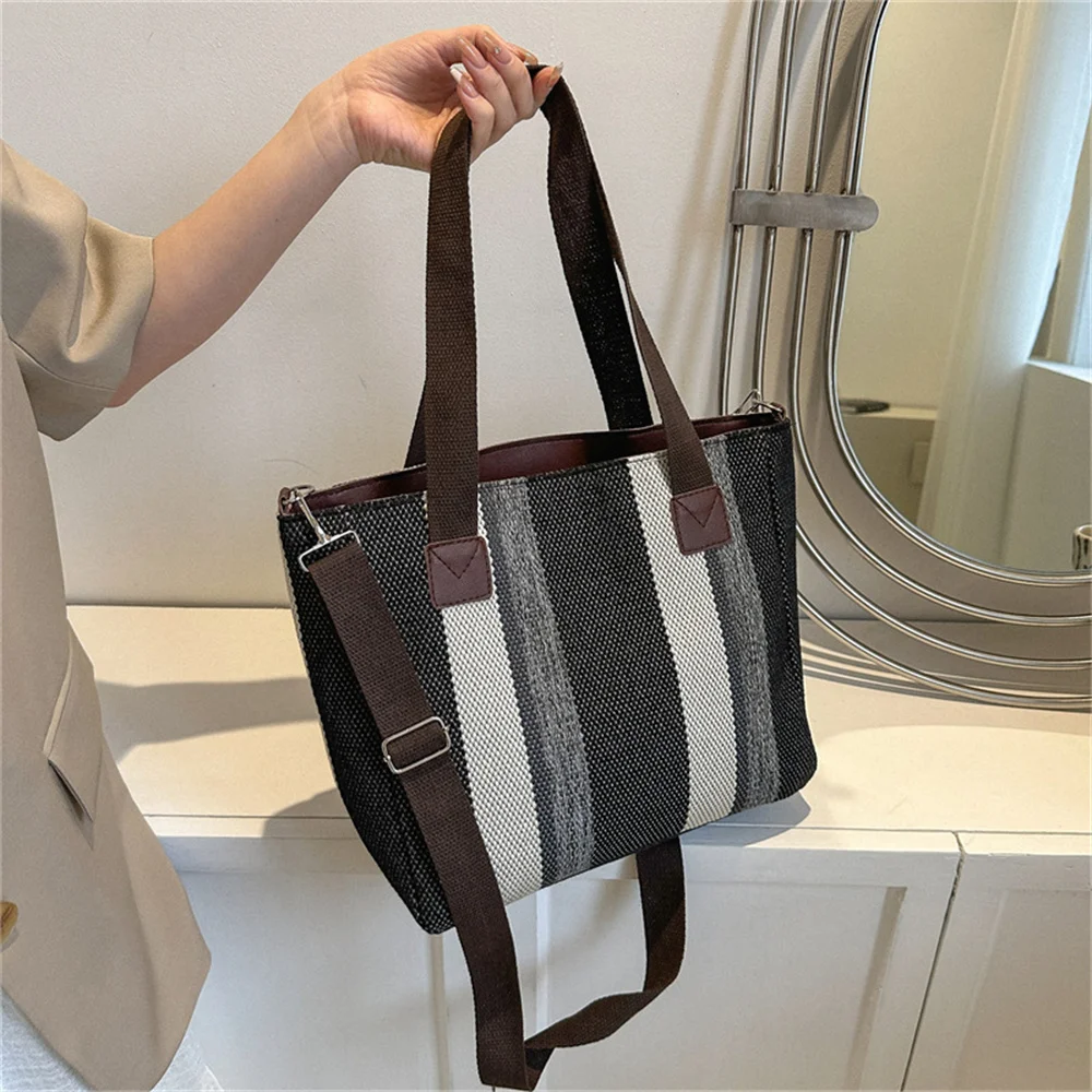 2024 Canvas Stripe Tote Bag Vintage Shoulder Crossbody Bags Large Small Size Versatile Women\'S Handbags Shopping Storage Handbag