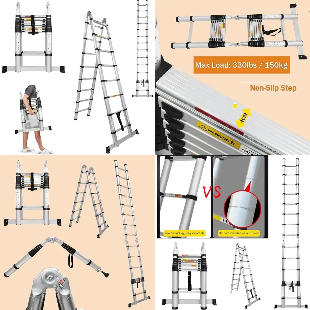 Escalera telescópica de aluminio resistente con marco en A, extensión de 16,4 pies, plegable, 8 + 8 escalones, escalera portátil multiusos para exteriores y