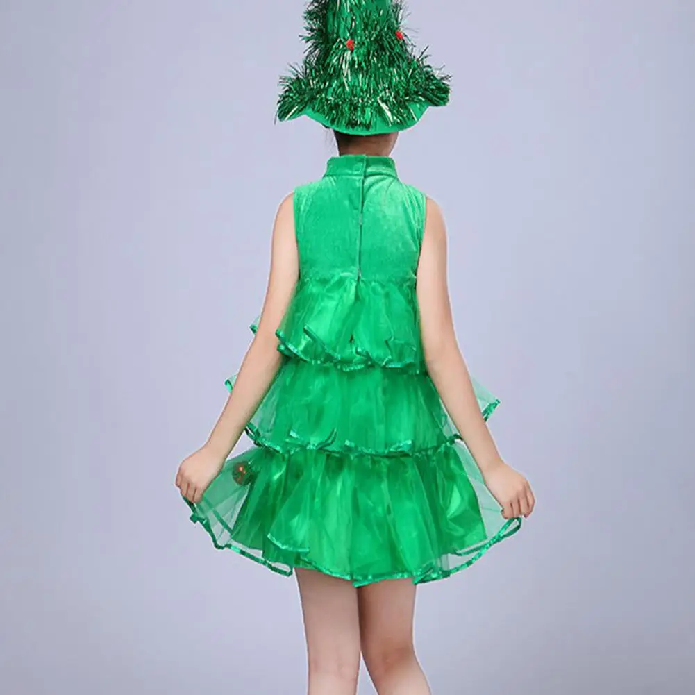 Red Ball Decoration Dress Christmas-themed Children's A-line Dress with Stand Collar Scattered Cake Hem Sleeveless for Stage
