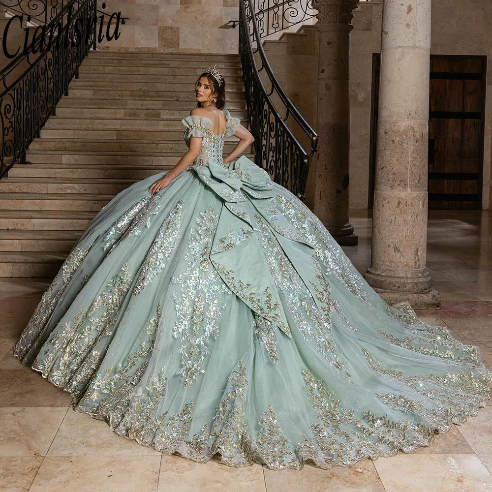 

Мятно-зеленые платья Quinceanera без рукавов с бисером и драгоценными камнями, бальное платье с аппликациями и кружевным бантом, сладкий 15, мексиканский индивидуальный заказ