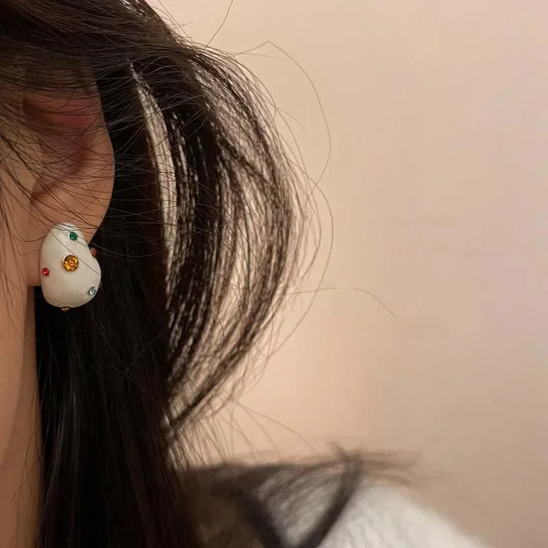 White Oil Drip Zircon Stud Earrings