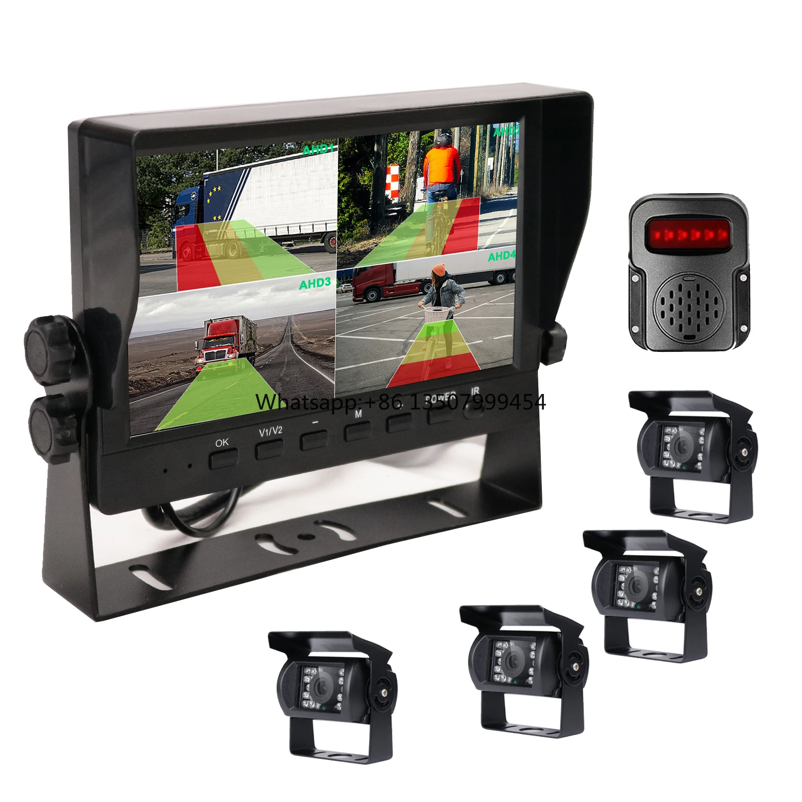 

PWAS 7 Inch AI BSD Spot Blind Human Vehicle Detection Quad View Monitor DVR 1080P Cameras Sound Light Alarm for Truck Rvs Tanker