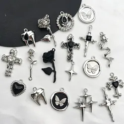 5Pcs Metal Alloy Charms Black Series Sweet and Cool Style Butterfly Cross Flower Shape Pendants Decorations For Jewelry Making
