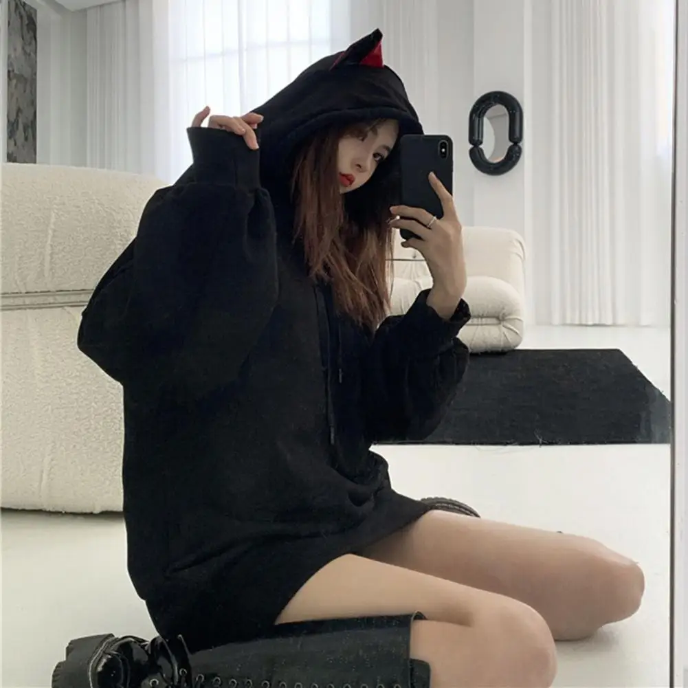 

Lady Winter Hoodie Cozy Cat Ear Hoodie Stylish Women's Autumn Winter Pullover with Elastic Cuffs Mid-length Warmth Solid Color