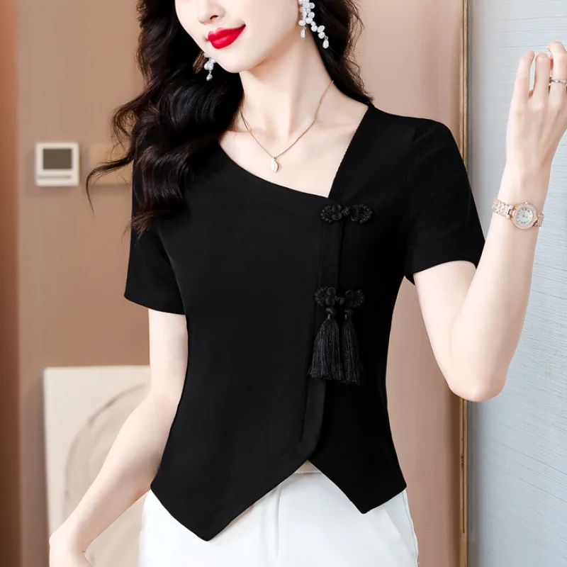 Short Crop Tops New 2024 Fashon Women Summer Slim Fitted Solid Cute Bow Tie Button Black Pink Shirt Blouses