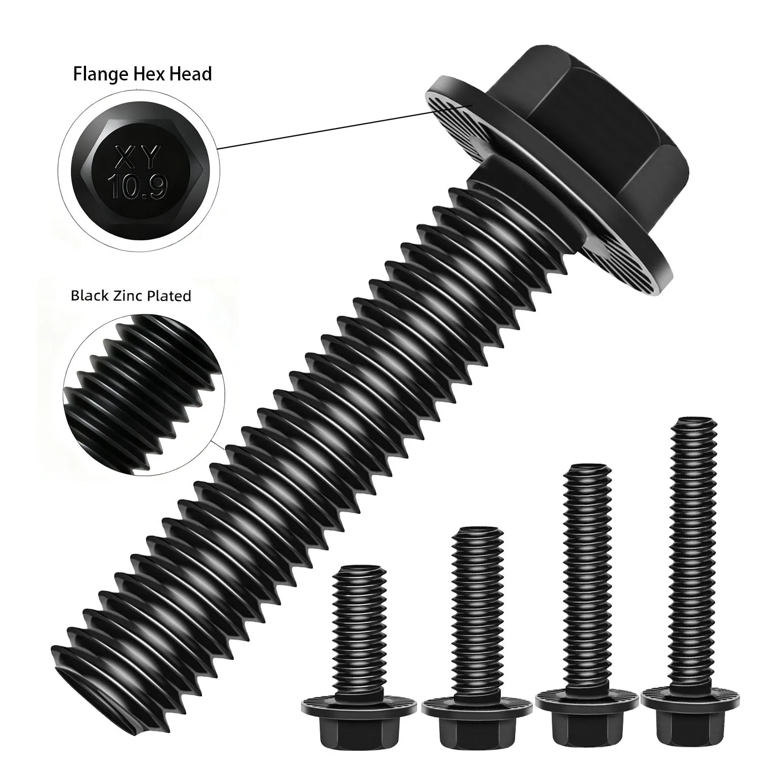 10pcs of M6/M8 12/16/20/25/30mm Flange Hexagon Head Bolts, Outer Flange Hexagon Screws, Grade 10.9 Steel, Black Galvanized M6 Bo