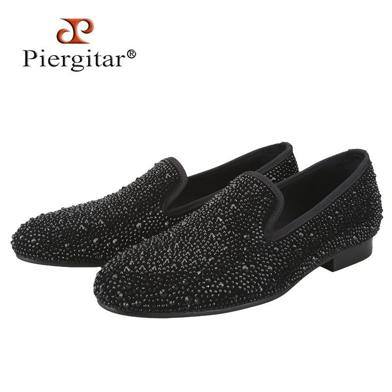Piergitar New Black Suede Genuine Leather Men's Flats With Full Upper Shiny Crystals Handmade Slip-On Loafers For Prom And Party