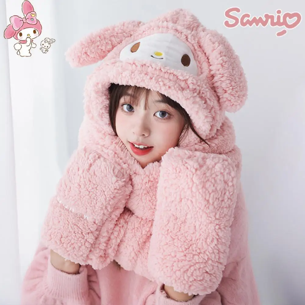 Sanrios Kawaii My Melody Plush Hat Scarf Gloves Anime Cinnamoroll Winter Cartoon Thicken Keep Warm Soft Sweet Girl festival Gift