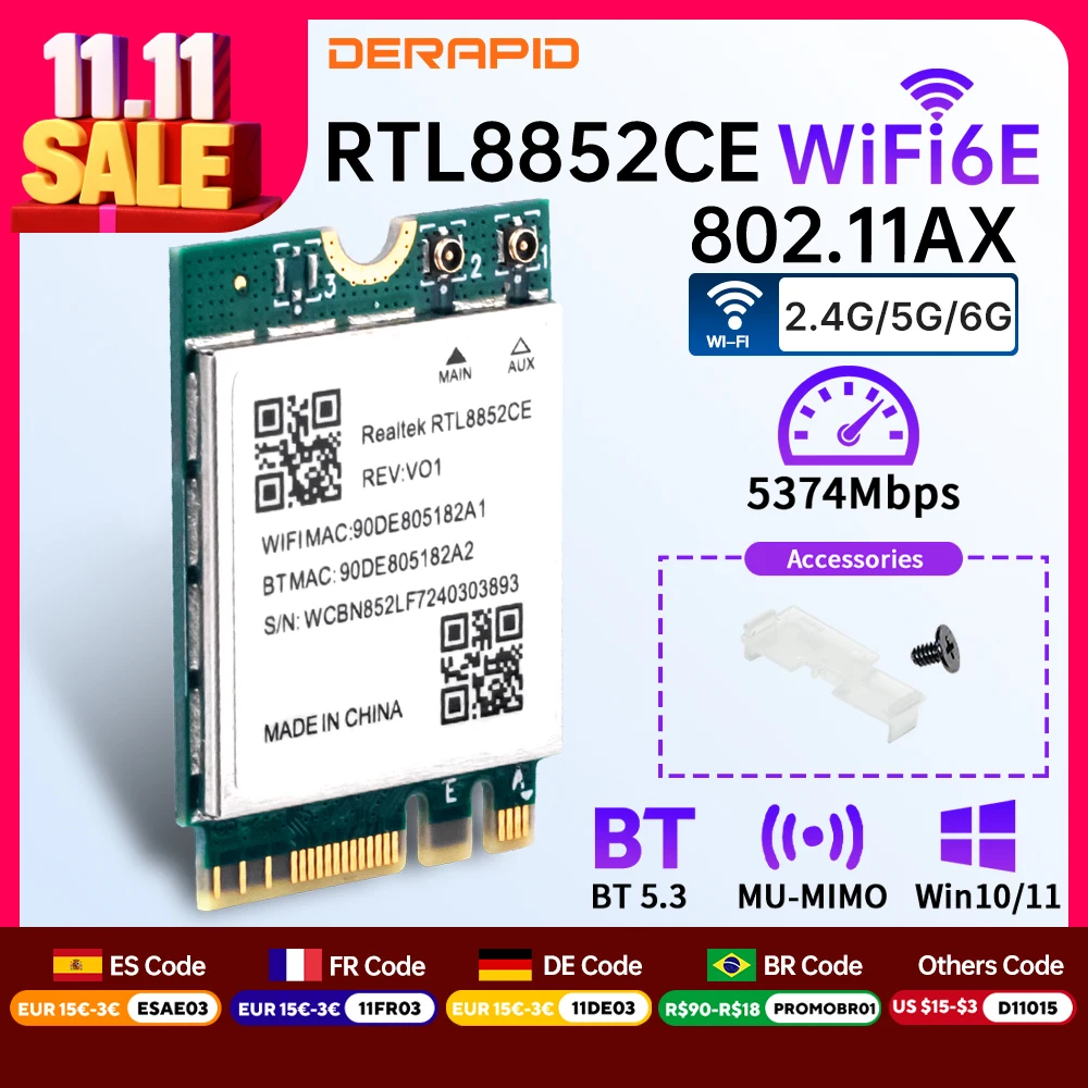 

Трехдиапазонный адаптер Wi-Fi 6E Bluetooth 5.3, 5400 Мбит/с, приемная карта беспроводного сигнала NGFF M.2 для Windows 10/11 RTL8852CE, как AX210