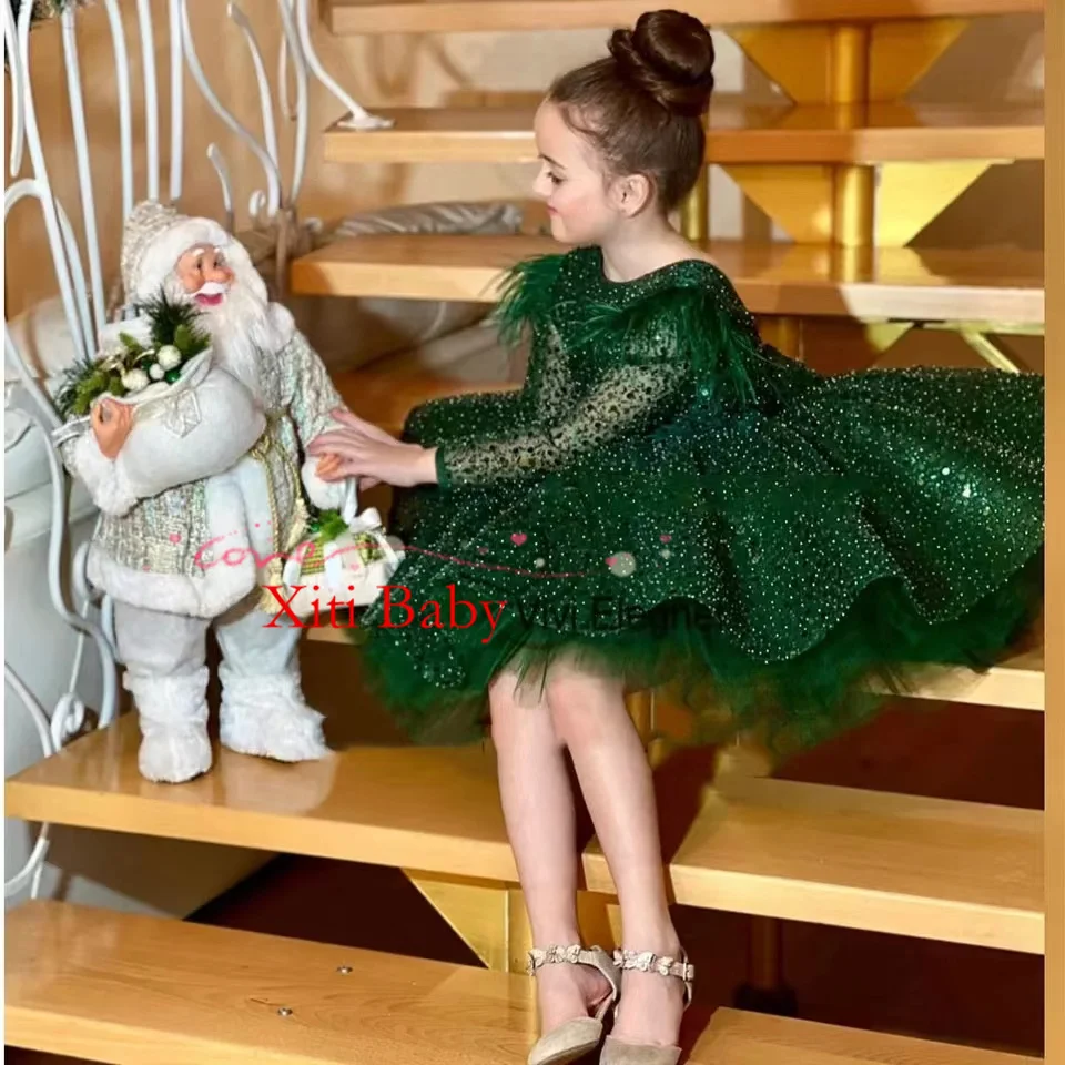 Glitter Beading Flower Girl Dress Ruffles Full Sleeves Feather Cute Baby Girl Tutu Party Gown Short Graduation Kids Prom Dress
