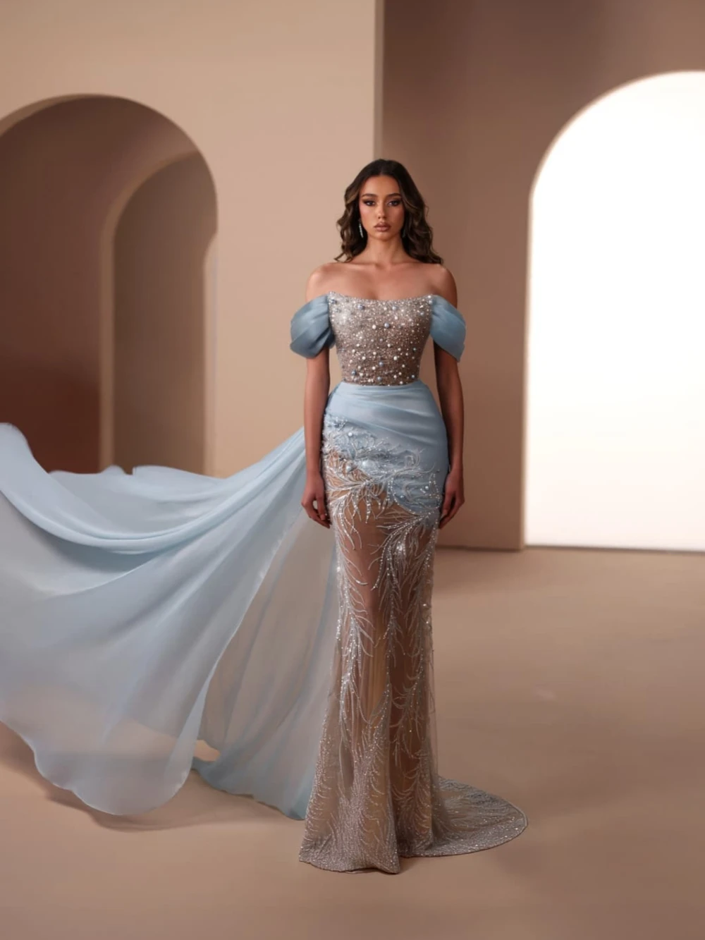 ชุดราตรีปักมุกยาวหรูหรา ดีไซน์เปิดไหล่ทรงเมอร์เมด สำหรับงานแต่งงาน งานเลี้ยง ปี 2026 ชุดออกงานพรอมแบบสั่งตัดใหม่