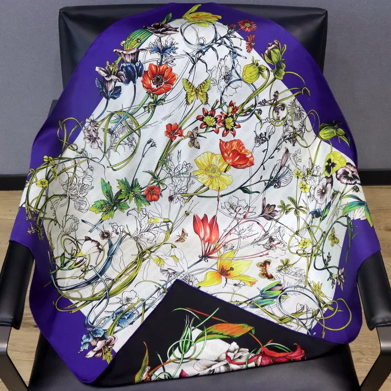 90 Silk Scarf Floral 100% Silk Head Scarves Hijab Women Fashion Silk Shawl 18mm Double Sided